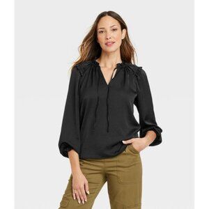 Knox Rose Women's Long Sleeve Satin Top Black Size XS